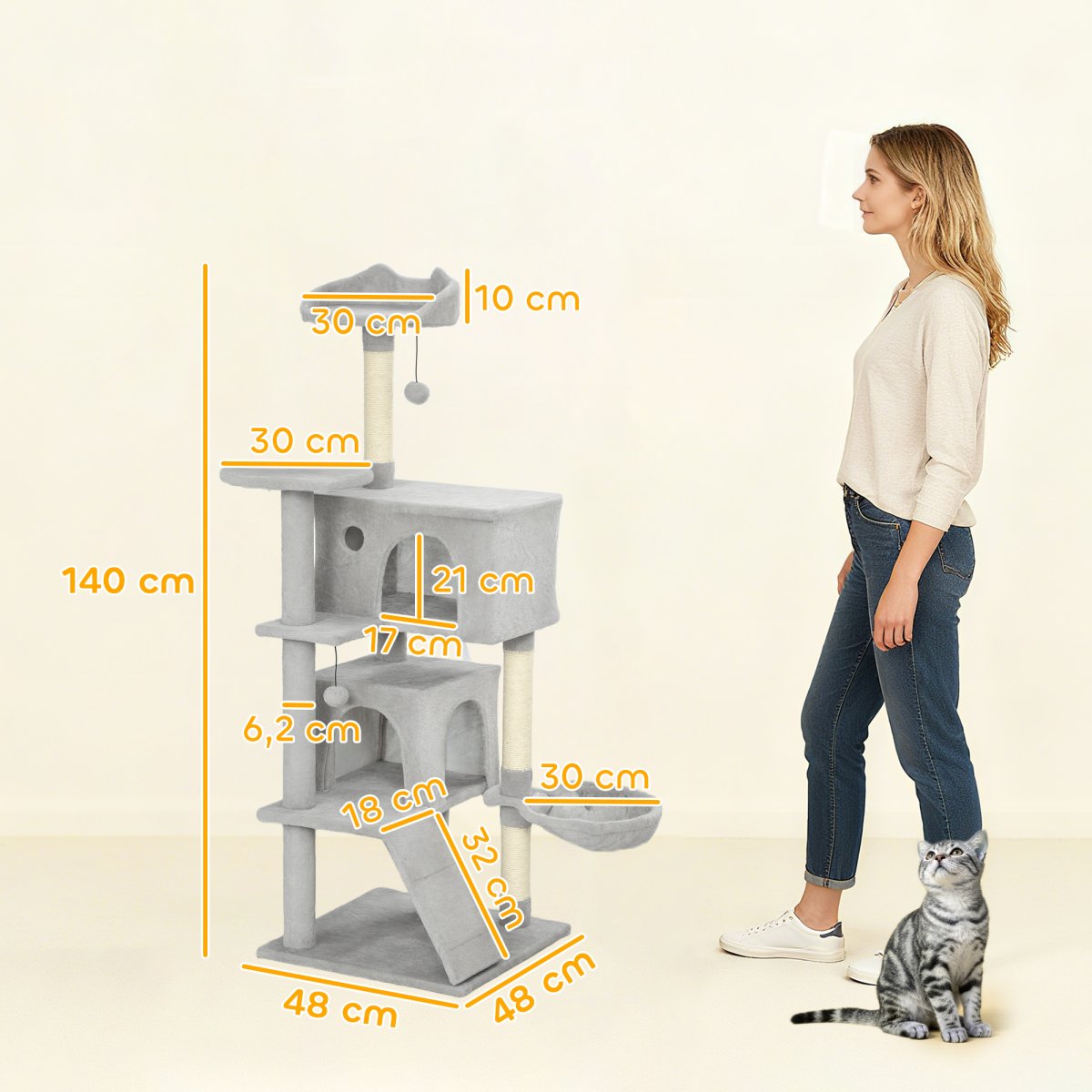 PawHut Arranhador para Gatos 140 cm Torre de Escalada com Múltiplas Plataformas Cama 2 Cavernas Rede Escada Postes de Sisal Bolas para Brincar Cinzento Claro - Image 3