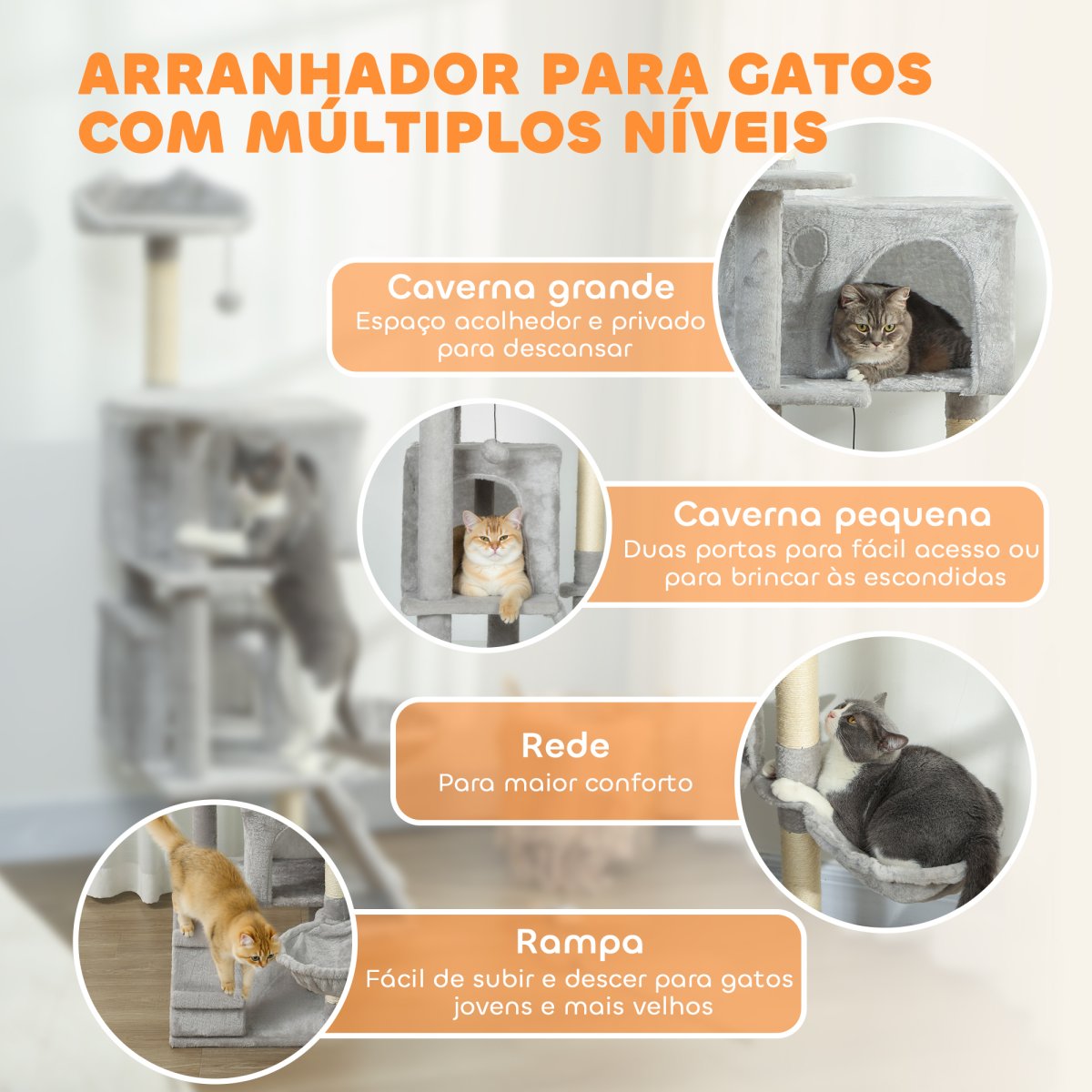 PawHut Arranhador para Gatos 140 cm Torre de Escalada com Múltiplas Plataformas Cama 2 Cavernas Rede Escada Postes de Sisal Bolas para Brincar Cinzento Claro - Image 4