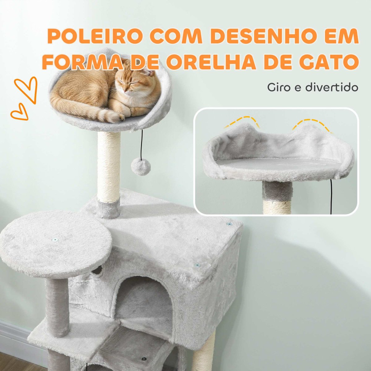 PawHut Arranhador para Gatos 140 cm Torre de Escalada com Múltiplas Plataformas Cama 2 Cavernas Rede Escada Postes de Sisal Bolas para Brincar Cinzento Claro - Image 5
