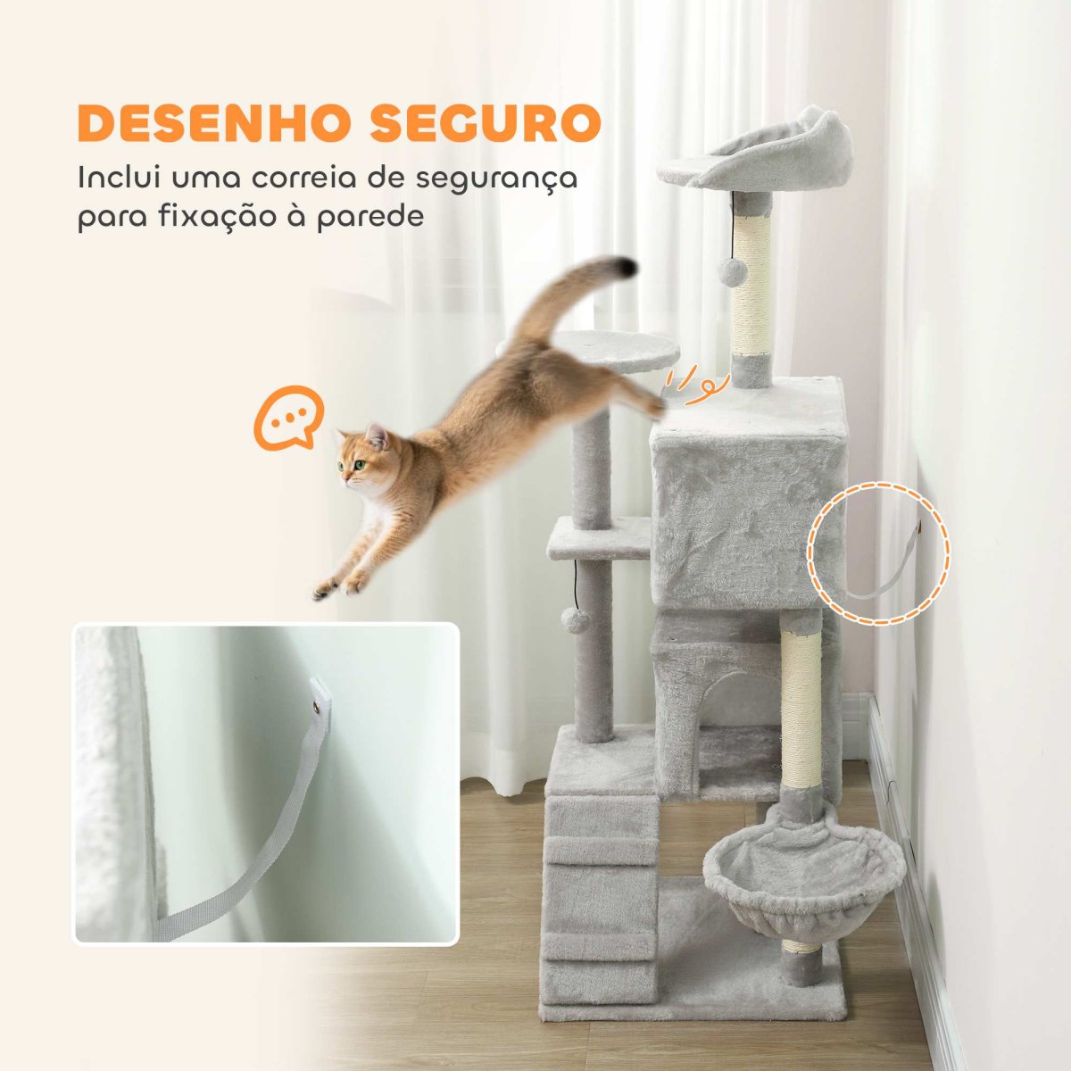 PawHut Arranhador para Gatos 140 cm Torre de Escalada com Múltiplas Plataformas Cama 2 Cavernas Rede Escada Postes de Sisal Bolas para Brincar Cinzento Claro - Image 6