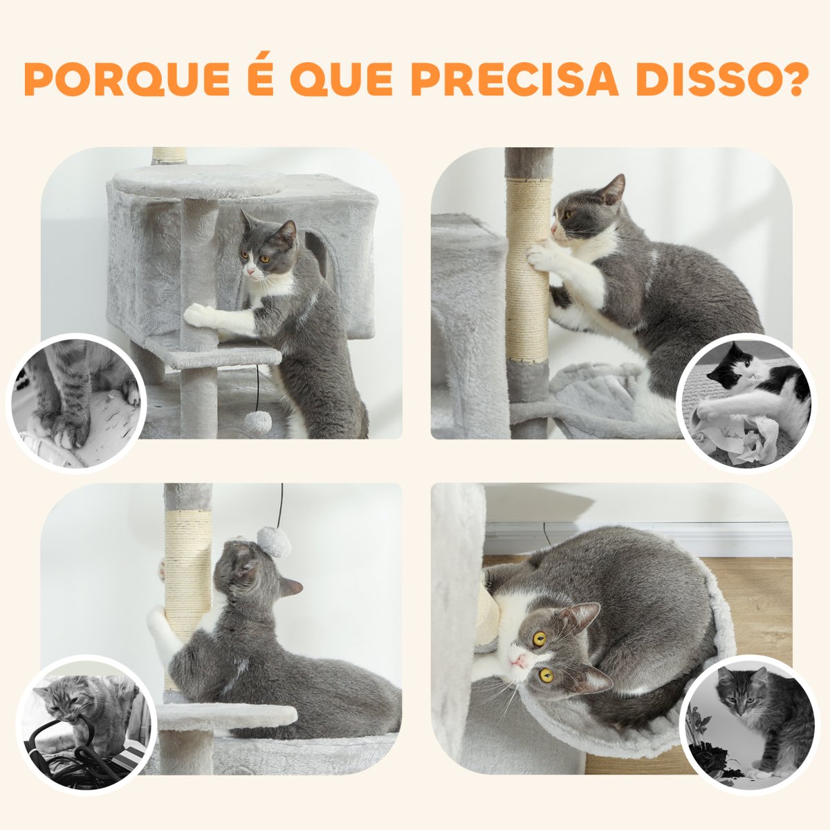 PawHut Arranhador para Gatos 140 cm Torre de Escalada com Múltiplas Plataformas Cama 2 Cavernas Rede Escada Postes de Sisal Bolas para Brincar Cinzento Claro - Image 8