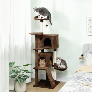 PawHut Arranhador para Gatos 160 cm Torre de Escalada com Múltiplas Plataformas Cama 2 Cavernas Rede Escada Postes de Sisal Bolas para Brincar Marrom