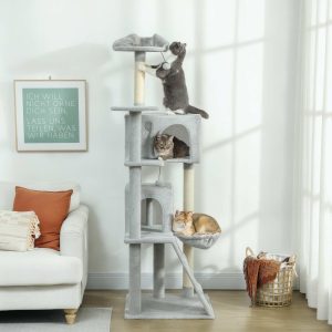 PawHut Arranhador para Gatos 180 cm Torre de Escalada com Múltiplas Plataformas Cama 2 Cavernas Rede Escada Postes de Sisal Bolas para Brincar Cinza