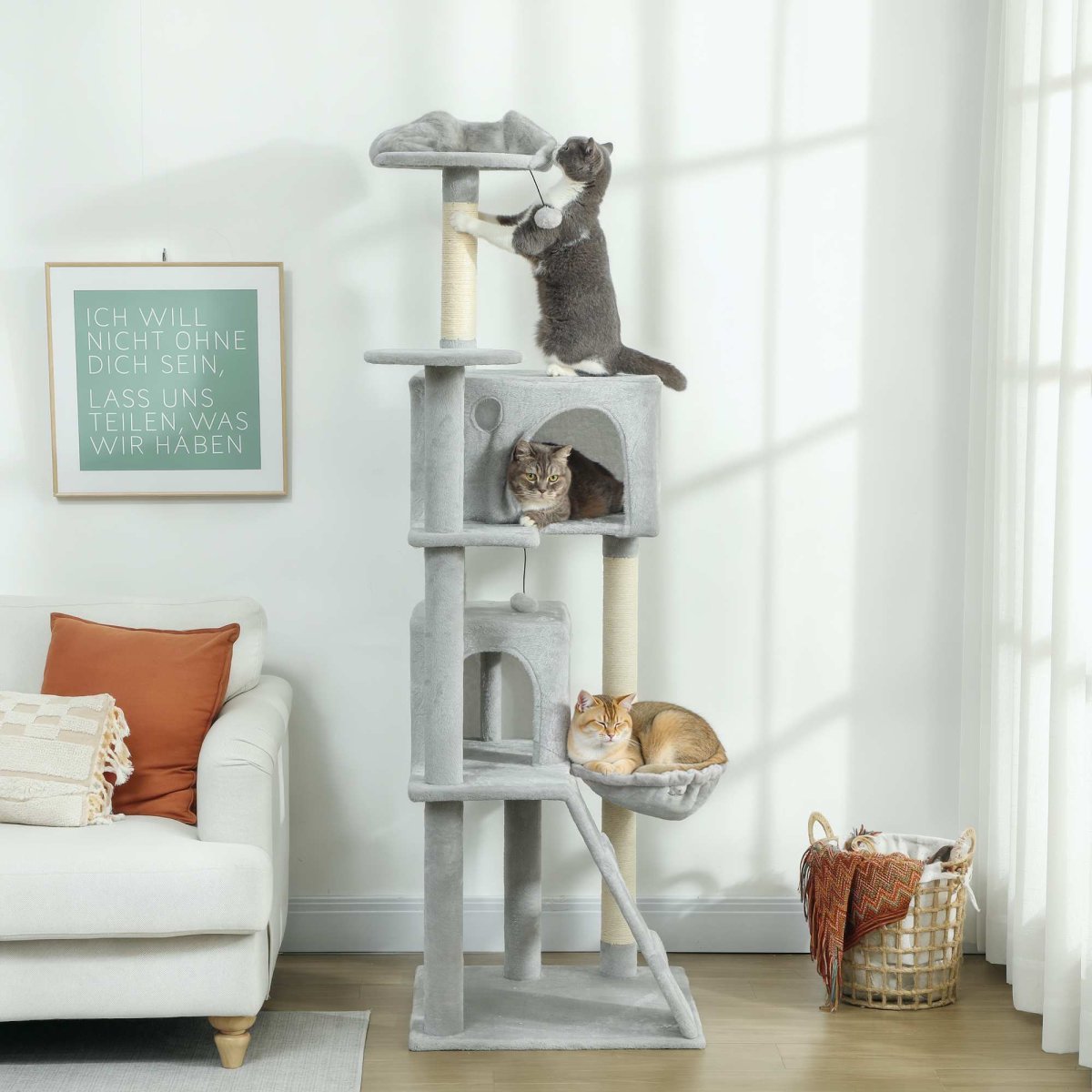PawHut Arranhador para Gatos 180 cm Torre de Escalada com Múltiplas Plataformas Cama 2 Cavernas Rede Escada Postes de Sisal Bolas para Brincar Cinza - Image 2