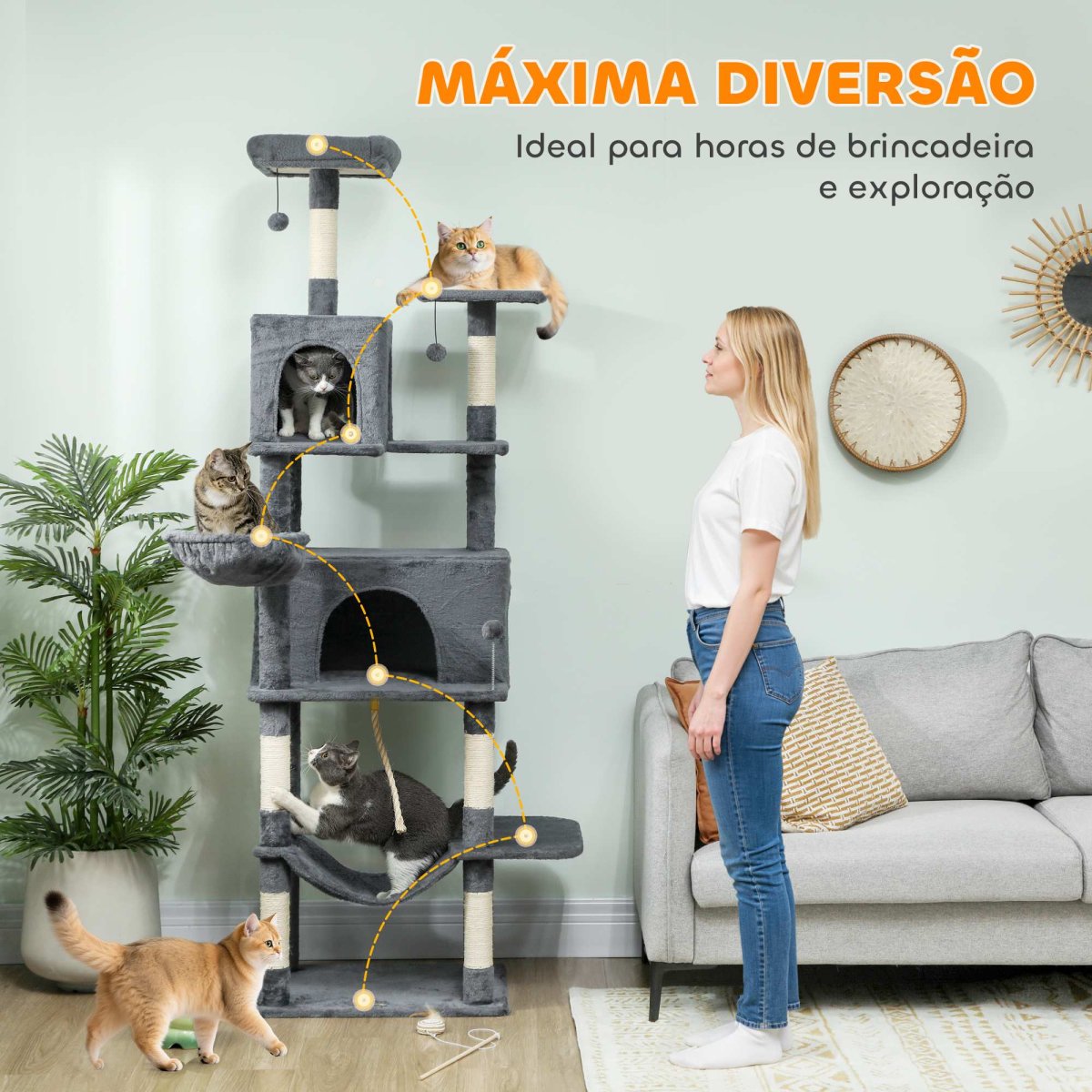 PawHut Arranhador para Gatos 202 cm Torre de Escalada com Plataformas Plataformas Caverna Postes de Sisal Bolas e Corda para Brincar Cinzento - Image 4