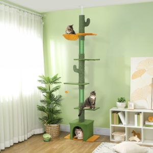PawHut Arranhador para Gatos de Chão a Teto de 230-275 cm Torre para Gatos com Altura Ajustável Plataformas Caverna Rede Postes de Sisal e Bola de Jogo Verde