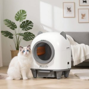 PawHut Caixa de Areia Autolimpante para Gatos 80L Caixa de Areia Autolimpante Eliminação de Odores Controlo por APP Proteção de Segurança 1 Rolo de Sacos do Lixo 55,5x51x60 cm Branco