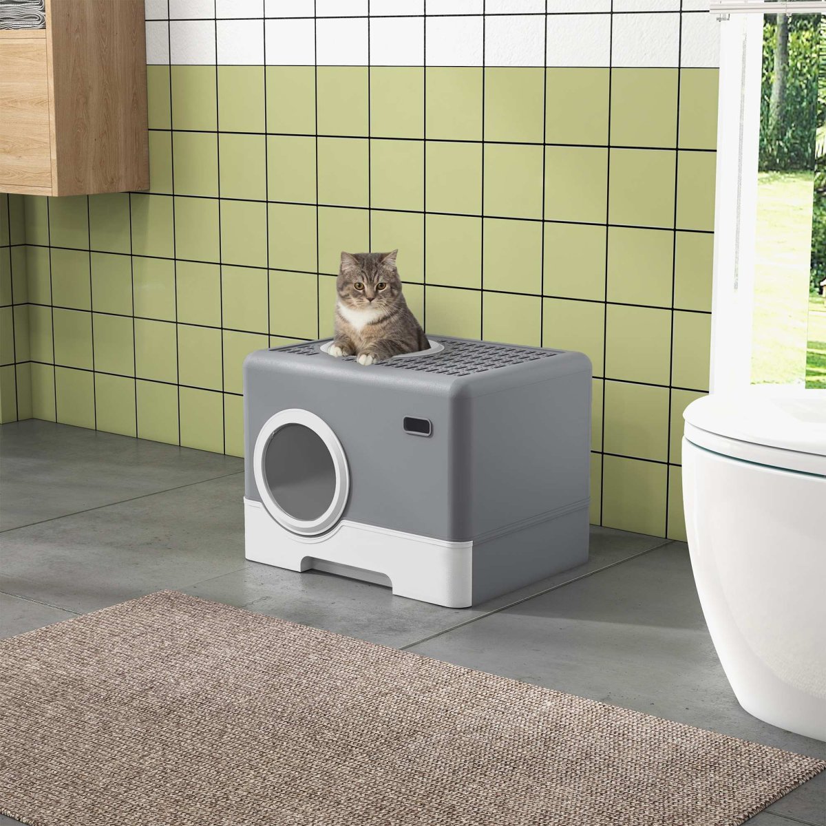 PawHut Caixa de Areia para Gatos Sanita para Animais de Estimação com Pá Bandeja Removível 2 Portas Entrada Frontal e Saída Superior 52x41x38,5 cm Cinzento - Image 2