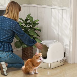 PawHut Caixa de Areia para Gatos em Aço Inoxidável XL Caixa de Areia para Gatos Grandes com Tampa Abatível Laterais Alta Entrada Superior Pá sem Odores Fácil de Limpar Antifugas 52,4×41,3×42 cm Branco