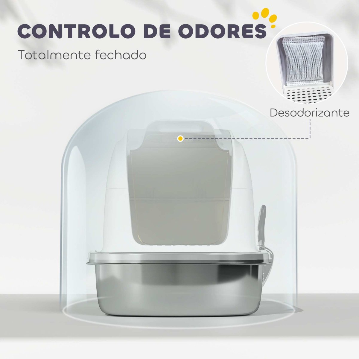 PawHut Caixa de Areia para Gatos em Aço Inoxidável XL Caixa de Areia para Gatos Grandes com Tampa Abatível Laterais Alta Entrada Superior Pá sem Odores Fácil de Limpar Antifugas 52,4×41,3×42 cm Branco - Image 5