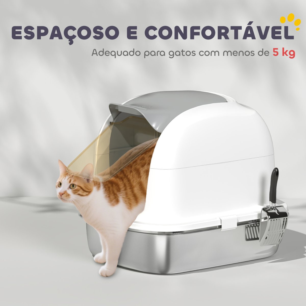 PawHut Caixa de Areia para Gatos em Aço Inoxidável XL Caixa de Areia para Gatos Grandes com Tampa Abatível Laterais Alta Entrada Superior Pá sem Odores Fácil de Limpar Antifugas 52,4×41,3×42 cm Branco - Image 6