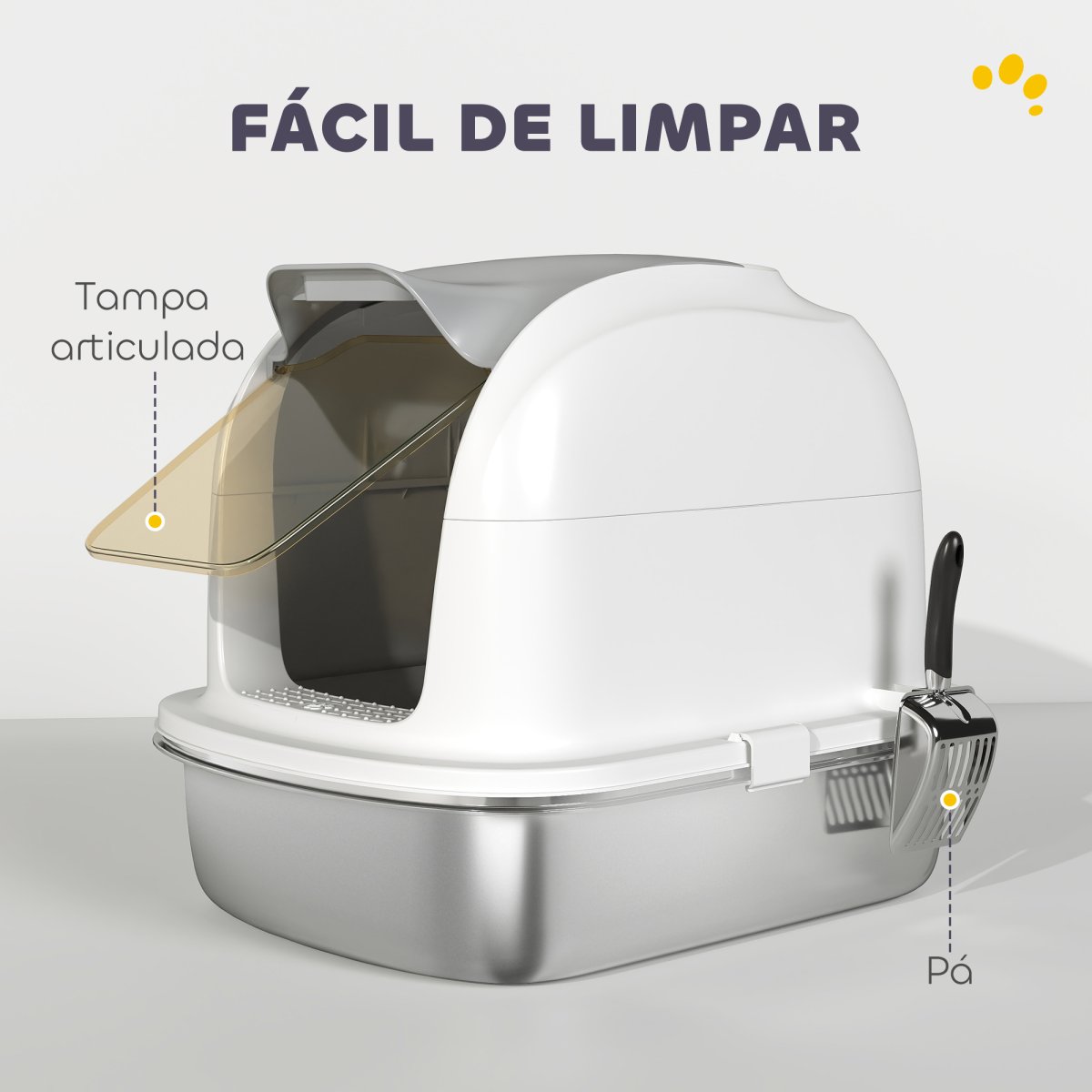 PawHut Caixa de Areia para Gatos em Aço Inoxidável XL Caixa de Areia para Gatos Grandes com Tampa Abatível Laterais Alta Entrada Superior Pá sem Odores Fácil de Limpar Antifugas 52,4×41,3×42 cm Branco - Image 7