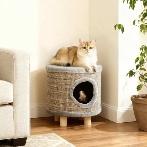 PawHut Casa para Gatos 3 em 1 Banco Apoio para os Pés e Cama com Arranhador Pés de Madeira e Brinquedo Pendurado para Interior 36x36x38 cm Cinzento