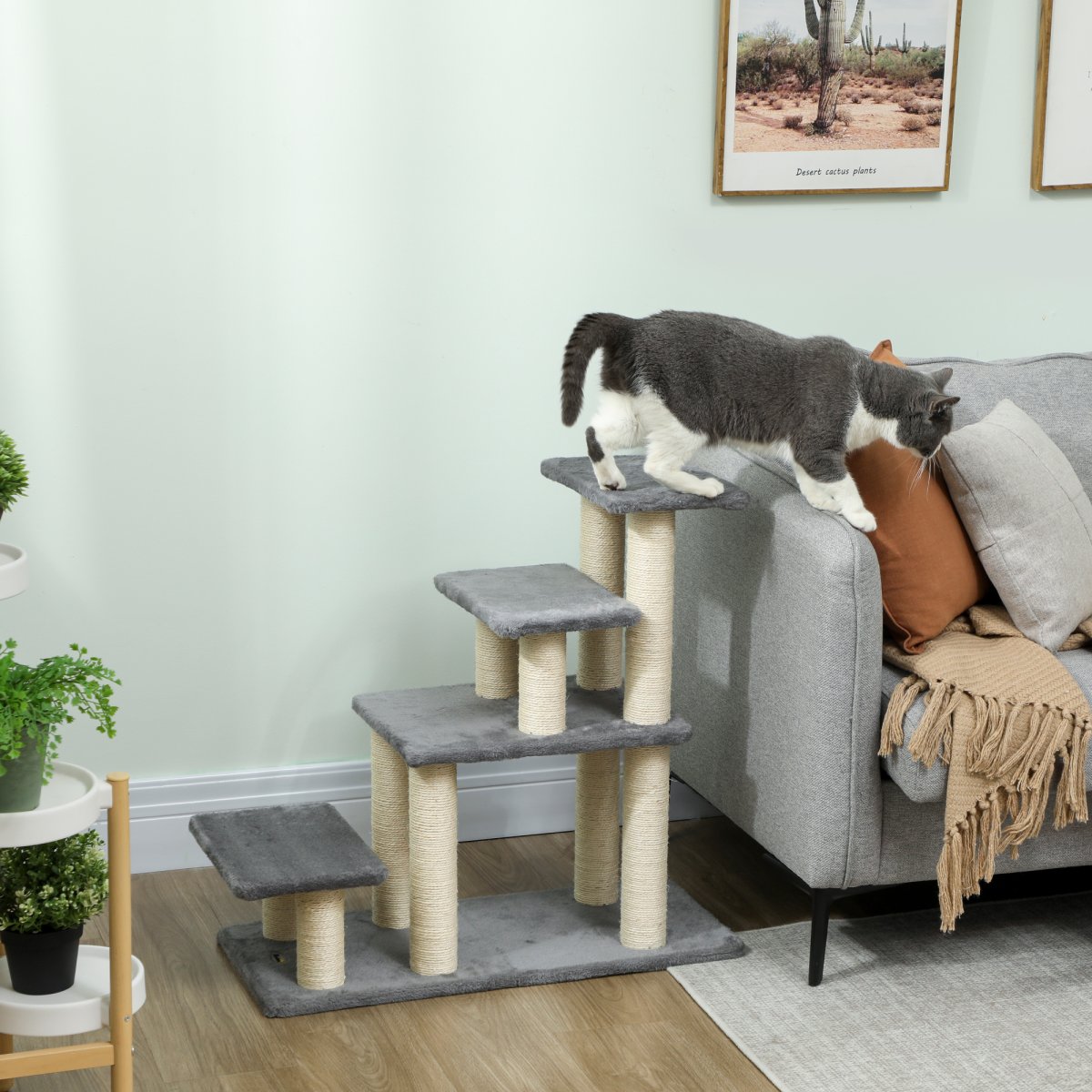 PawHut Escada para Animais Ajustável de 3 ou 4 Degraus Escada para Gatos com Postes Arranhadores Bola Suspensa para Cama Sofá Peitoris 70x32x68 cm Cinzento - Image 2