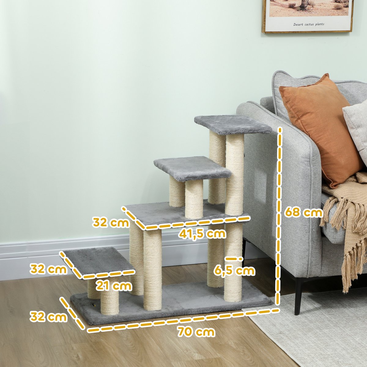 PawHut Escada para Animais Ajustável de 3 ou 4 Degraus Escada para Gatos com Postes Arranhadores Bola Suspensa para Cama Sofá Peitoris 70x32x68 cm Cinzento - Image 3