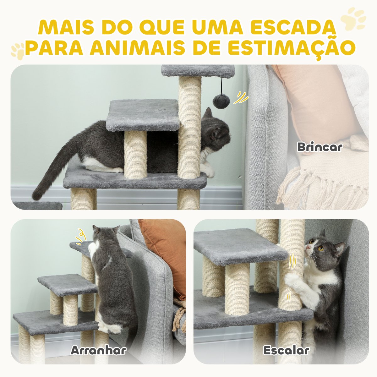 PawHut Escada para Animais Ajustável de 3 ou 4 Degraus Escada para Gatos com Postes Arranhadores Bola Suspensa para Cama Sofá Peitoris 70x32x68 cm Cinzento - Image 6