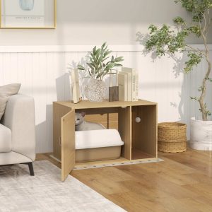 PawHut Móvel Caixa de Areia para Gatos Caixa de Areia para Gatos com Tapete de Arranhar e Porta de Vime Móvel Auxiliar com Caixa de Areia para Gatos para Sala de Estar 80x50x50 cm Branco