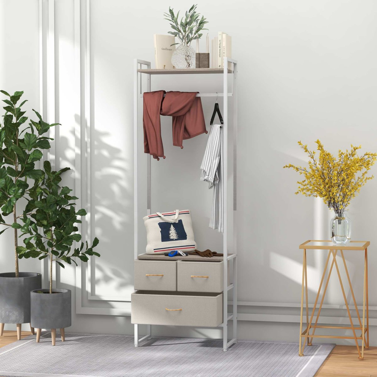 Suporte para Cabides com 3 Gavetas de Tecido Barra Pendurar e Prateleira Armazenamento Entrada Quarto Sala 58,5x30x178 cm Natural - Image 3