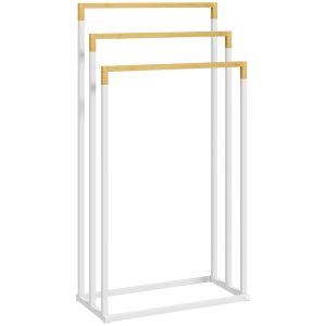 Toalheiro de Pé de 3 Níveis em Forma de Escada com 3 Barras de Bambu e Estrutura de Aço para Casa de Banho 45×22,5×86 cm Branco e Madeira