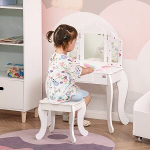 Toucador Infantil de Madeira com Banco e Espelho de Acrílico, 63x40x85,5cm Branco
