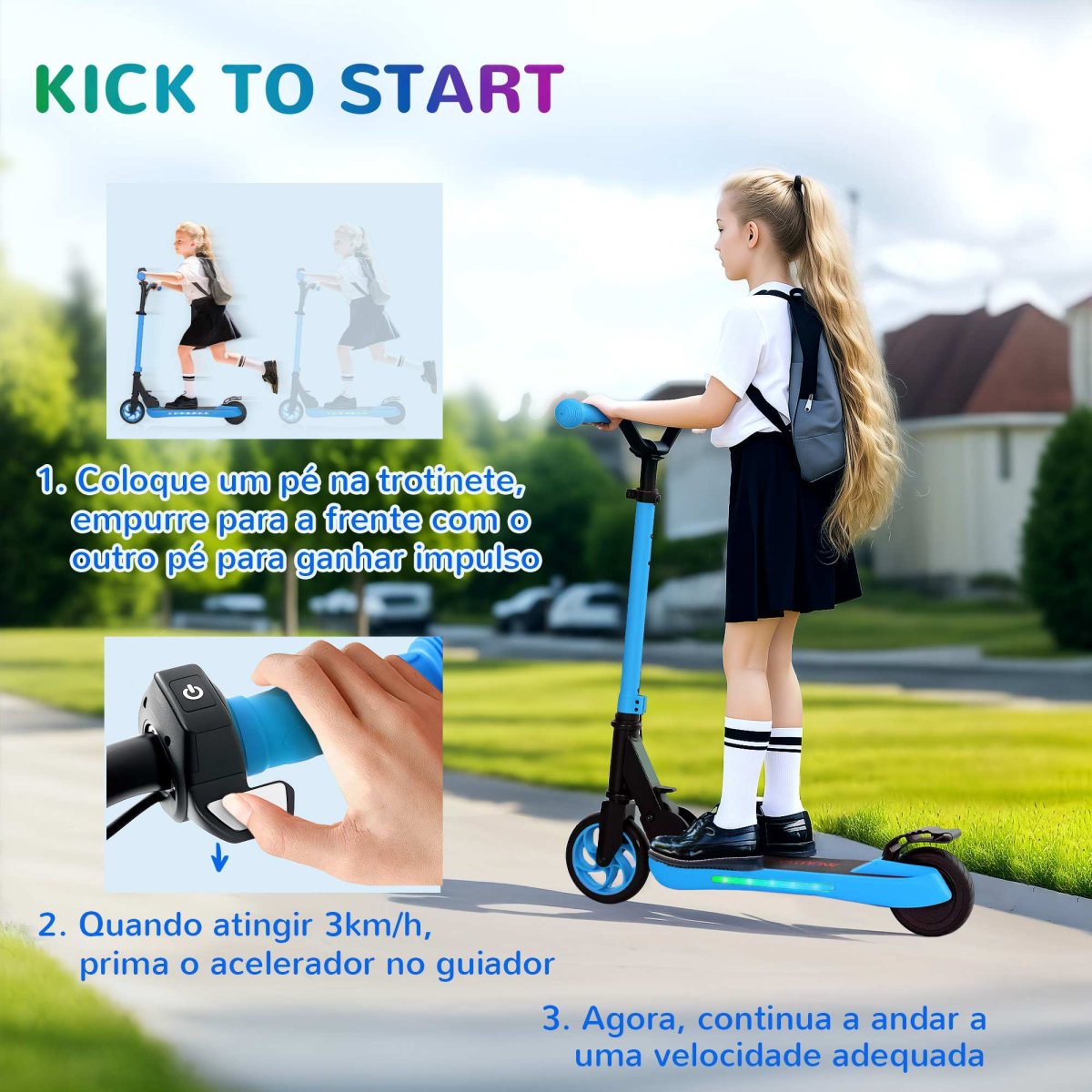 Trotinete Elétrica Dobrável para Crianças, Motor 120 W Autonomia 6 km e Máximo 10 km/h 74x52x83-87 cm Azul - Image 5