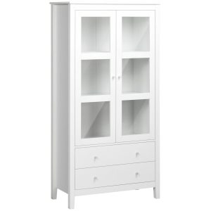 Vitrine de Sala de Estar com 2 Portas de Vidro Temperado, 3 Prateleiras, 2 Gavetas e Dobradiças com Fechamento Suave 80x40x160 cm Branco